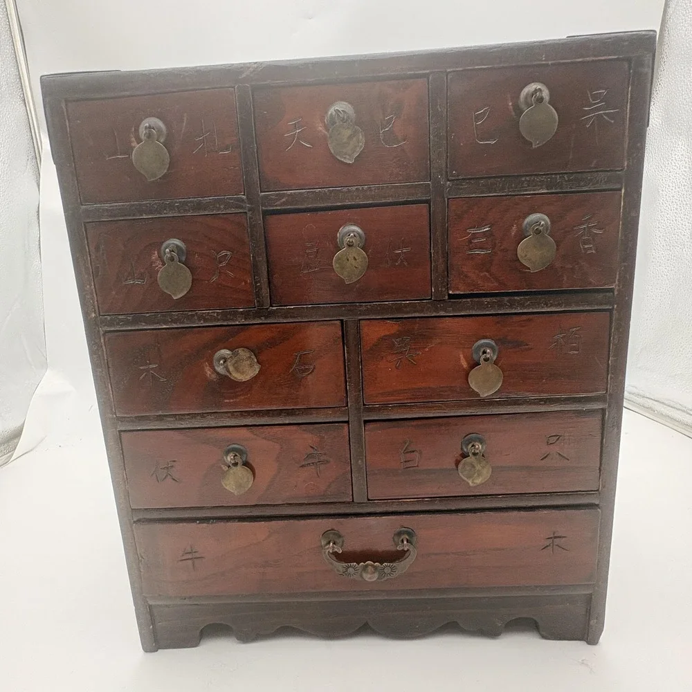 Vintage Chinese Apothecary Cabinet 11 Drawer Herb Chest Wood Brass Storage Box